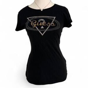 Guess black baby tee with rhinestone logo Size S